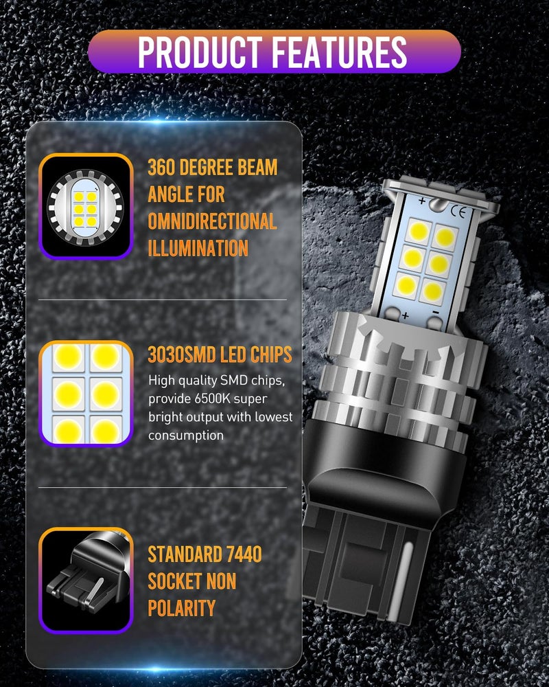 LUYED 7440 LED Bulb Reverse Lights 3100 Lumens T20 7440NA 7441 W21W LED Bulbs Used For Backup Reverse Lights Turn Signal Lights, Xenon White,Pack of 2 - Image 2